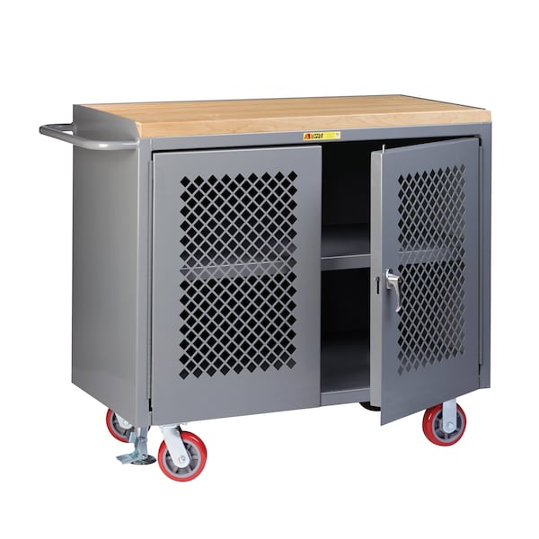 Mobile Bench Cabinet, 36"W, 2 Perf Doors, Center Shelf, Butcher Block